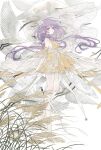  1girl adapted_costume animal baiti bangs bare_legs barefoot bird blush breasts crane_(animal) dress floating_hair flower full_body hair_flower hair_ornament highres long_hair medium_breasts purple_eyes purple_hair ribbon see-through see-through_dress sidelocks sleeveless sleeveless_dress solo touhou tsukumo_benben white_background white_flower white_ribbon yellow_dress 