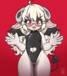  anthro blonde_hair bovid breasts bunnybits caprine claws demon eyewear fangs female glasses goat hair heart_window horn mammal navel red_eyes small_breasts solo spade_tail teeth wings 