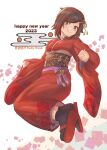  1girl 2023 alternate_costume bangs black_socks brown_eyes brown_hair closed_mouth floral_print full_body happy_new_year japanese_clothes kimono looking_at_viewer medium_hair moai_(moai_world) multicolored_hair obi print_kimono red_hair red_kimono rose_print ruby_rose rwby sash smile socks solo swept_bangs tabi two-tone_hair 