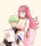  1boy 1girl bangs breasts byleth_(fire_emblem) byleth_(male)_(fire_emblem) cleavage closed_mouth collarbone commentary dress earrings english_commentary enlightened_byleth_(male) fire_emblem fire_emblem:_three_houses green_eyes green_hair hair_between_eyes highres hilda_valentine_goneril holding holding_paper hoop_earrings jewelry large_breasts long_hair long_sleeves paper pink_dress pink_eyes pink_hair simple_background sleeveless sleeveless_dress tamafry very_long_hair white_background 