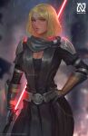  1girl absurdres armor belt black_robe blonde_hair blurry depth_of_field gauntlets highres holding_lightsaber lana_beniko looking_at_viewer medium_hair nopeys pauldrons rain red_lightsaber reverse_grip robe shoulder_armor solo star_wars yellow_eyes 