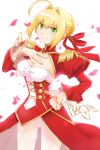  1girl ahoge blonde_hair breasts cleavage cowboy_shot dress epaulettes fate/extra fate_(series) green_eyes hair_bun hair_intakes hair_ribbon hand_on_hip hand_on_own_chest highres leotard looking_at_viewer medium_breasts nero_claudius_(fate) nero_claudius_(fate/extra) peco_(ppeco0) petals red_dress red_ribbon ribbon see-through sidelocks simple_background single_hair_bun smile solo white_background white_leotard 