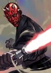  1boy absurdres alien black_gloves black_robe colored_skin darth_maul gloves highres holding_lightsaber horns looking_at_viewer outdoors pukara red_lightsaber red_skin robe sky star_wars yellow_eyes zabrak 