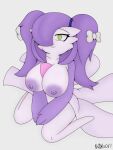  2022 3_fingers absurd_res accessory areola big_breasts bow_ribbon breasts female fingers gardevoir generation_3_pokemon green_eyes hair hair_accessory hair_bow hair_over_eye hair_ribbon hi_res humanoid kneeling nintendo nipples nobori not_furry one_eye_obstructed pokemon pokemon_(species) purple_areola purple_hair purple_nipples ribbons signature simple_background smile solo twin_bows twin_hair_bows twintails_(hairstyle) white_background 