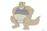  2017 anthro belly big_belly bottomwear brown_body brown_fur bulge canid canine canson claws clothing crouching ear_piercing erect_nipples fangs fur hands_on_knees hands_on_legs hi_res looking_down male mammal navel nipples overweight overweight_male piercing plantigrade shirt shorts signature simple_background smile solo tank_top teeth topwear white_background 