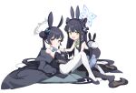  2girls absurdres animal_ears black_hair black_leotard black_pantyhose blue_archive bow bowtie braid braided_bun butterfly_hair_ornament closed_mouth detached_collar double_bun dragon_print fake_animal_ears fake_tail green_eyes grey_eyes hair_bun hair_ornament halo highres kisaki_(blue_archive) leotard long_hair multiple_girls open_mouth pantyhose playboy_bunny rabbit_ears rabbit_tail shun_(blue_archive) shun_(small)_(blue_archive) smile strapless strapless_leotard tail tiger_ears toombo12 twintails white_pantyhose wrist_cuffs 