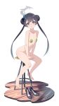  1girl absurdres bare_legs barefoot black_hair blue_archive braid braided_bun breasts butterfly_hair_ornament double_bun full_body green_eyes hair_bun hair_ornament halo high_heels highres kisaki_(blue_archive) long_hair looking_at_viewer navel nude shoes shoes_removed sitting small_breasts swimsuit twintails xiaoxi0619 