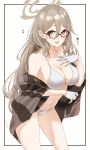  1girl absurdres akane_(blue_archive) bikini black-framed_eyewear blue_archive blush breasts cleavage collarbone commentary_request glasses gloves hair_between_eyes halo heart highres large_breasts light_brown_hair long_hair looking_at_viewer murabito_c navel partial_commentary shawl smile solo swimsuit very_long_hair white_bikini white_gloves 