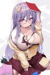  1girl bangs blush book bow bowtie breasts cleavage closed_mouth collarbone collared_shirt crescent crescent_hair_ornament efe glasses hair_ornament highres holding holding_book large_breasts long_hair long_sleeves looking_at_viewer patchouli_knowledge purple_bow purple_bowtie purple_eyes purple_hair purple_skirt shirt sitting skirt solo touhou wariza white_shirt 