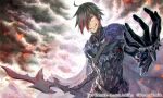  1boy abs armor artist_name black_gloves cape cloud cloudy_sky copyright_name garutaisa gloves grin hair_over_one_eye holding holding_weapon male_focus multicolored_hair orange_eyes short_hair sky smile streaked_hair weapon your_chronicle 