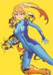  1girl absurdres blonde_hair blue_bodysuit blue_eyes bodysuit breasts bright_pupils closed_mouth hair_between_eyes high_ponytail highres lem long_hair looking_at_viewer medium_breasts metroid samus_aran simple_background skin_tight smile solo white_pupils yellow_background zero_suit 