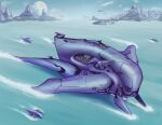  absurdres alien cloud commission english_commentary grunt_(halo) halo_(series) highres moon ocean original sangheili science_fiction sky tacit_axiom vehicle_focus water watercraft 