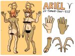  absurd_res anthro antlers ariel_(deerkid) black_nose brown_body brown_fur butt censored character_name deerkid english_text female fur hair hi_res hooves horn model_sheet navel nude orange_hair simple_background smile solo tan_body tan_fur text yellow_background 