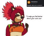  2023 5_fingers anthro ask_blog black_nose blush breasts brown_body brown_fur canid canine claws clothed clothing english_text female finger_claws fingers fur hair hi_res humanoid_hands insult insulting_viewer mammal navel raccoon_dog ragnith_(zendrid) red_hair smug solo tanuki text topwear zendrid 