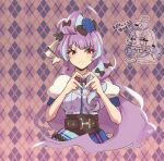  1girl argyle argyle_background black_bow blue_hair blue_skirt bow breasts chibi chibi_inset chocolate food frying_pan hair_bow heart heart_hands holding holding_chocolate holding_food long_hair looking_at_viewer macross macross_delta medium_breasts mikumo_guynemer multicolored_hair purple_eyes purple_hair skirt smile solo_focus streaked_hair translation_request upper_body very_long_hair yuuichi_p1 