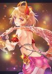  1girl ahoge arabian_clothes ass blonde_hair butt_crack commentary_request dancer earrings fantasy feathers gem gold highres jewelry looking_at_viewer looking_back natsutomoki orange_eyes original parted_lips revealing_clothes revision see-through short_hair smile solo 