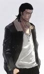 1boy absurdres black_hair black_jacket black_pants bleach brown_eyes closed_mouth collarbone commentary_request ginjou_kuugo gradient_background hair_slicked_back hand_in_pocket highres jacket jewelry looking_at_viewer male_focus medium_hair mitarashi_(5333069) necklace open_clothes open_jacket pants shirt shirt_tucked_in simple_background white_shirt 