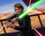  1boy black_robe desert green_lightsaber highres holding holding_lightsaber holding_weapon light_brown_hair looking_at_viewer luke_skywalker medium_hair outdoors r-valle robe star_wars weapon 