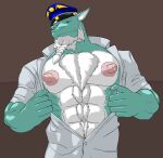  2022 5_fingers abs anthro beard blue_eyes character_request clothed clothing dragon facial_hair fingers front_view graventhax green_body hat headgear headwear hi_res male navel open_clothing open_shirt open_topwear shirt solo standing topwear undressing 