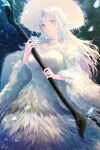  1girl absurdres dark_souls_(series) dark_souls_i dragon_girl dress green_eyes highres holding holding_weapon horns light_particles long_hair looking_at_viewer parted_lips peco_(ppeco0) priscilla_the_crossbreed scales scythe slit_pupils solo weapon white_dress white_fur white_hair 