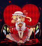  1girl blonde_hair blood dress fangs flandre_scarlet heart open_mouth red_dress red_eyes red_footwear red_wristband saba_ichigo side_ponytail sitting socks solo touhou vampire white_headwear white_socks 