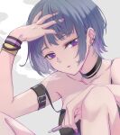  1girl arm_belt bangs bare_shoulders black_camisole black_choker blue_hair breasts camisole choker cigarette collarbone ear_piercing earrings electronic_cigarette hand_on_own_head highres holding holding_cigarette jewelry koshimizu_toru looking_at_viewer medium_breasts mole mole_under_eye nijisanji parted_lips piercing purple_eyes purple_nails short_hair simple_background sitting solo spoon_(tamakakama) strap_slip stud_earrings sweatband virtual_youtuber white_background 