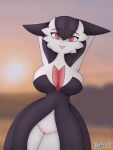  2022 absurd_res big_breasts black_hair breasts cleavage clothed clothing dress female gardevoir generation_3_pokemon genitals hair hands_behind_head hi_res humanoid looking_at_viewer mega_evolution mega_gardevoir nintendo no_underwear nobori not_furry open_mouth pokemon pokemon_(species) pussy red_eyes signature solo 