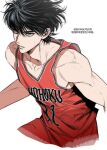  1boy artist_name bangs bare_shoulders basketball_jersey basketball_uniform black_hair brown_eyes collarbone cropped_legs eyelashes hair_between_eyes highres korean_text looking_away m_m_pb male_focus parted_lips red_shirt rukawa_kaede shirt short_hair simple_background slam_dunk_(series) sleeveless sleeveless_shirt solo sportswear sweat translation_request twitter_username white_background 