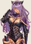  1girl armor blush breasts camilla_(fire_emblem) cleavage fire_emblem fire_emblem_fates gloves hair_over_eyes hair_over_one_eye hungry_clicker large_breasts lips long_hair looking_at_viewer open_mouth purple_eyes purple_hair smile solo very_long_hair wavy_hair 