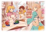  3girls apron blonde_hair blue_dress blue_eyes blush brown_hair cake dress earrings food gloves highres indoors jewelry long_hair looking_at_viewer luma_(mario) mario_(series) multiple_girls open_mouth pastry_bag pink_dress princess_daisy princess_peach rosalina saiwoproject teeth upper_teeth_only white_gloves yellow_dress 
