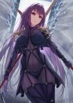  1girl absurdres armor bangs bodysuit breasts commentary_request dual_wielding fate/grand_order fate_(series) fukuidesu0110 gae_bolg_(fate) hair_between_eyes hair_intakes head_tilt highres holding holding_polearm holding_weapon long_hair looking_at_viewer medium_breasts polearm purple_bodysuit purple_hair red_eyes scathach_(fate) shoulder_armor solo spear very_long_hair weapon 