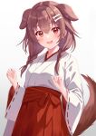  1girl :3 :d absurdres animal_ears bangs bone_hair_ornament braid brown_eyes brown_hair cartoon_bone dog_ears dog_girl dog_tail extra_ears fangs hair_between_eyes hair_ornament hakama hakama_skirt highres hololive inugami_korone japanese_clothes kimono long_hair long_sleeves looking_at_viewer low_twin_braids miko open_mouth red_hakama red_skirt sidelocks simple_background skirt smile solo tail teeth thorny twin_braids upper_teeth_only virtual_youtuber white_background white_kimono wide_sleeves 