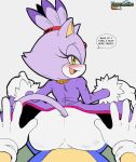  2022 anthro big_butt blaze_the_cat blush butt clothed clothing dialogue domestic_cat duo english_text eulipotyphlan felid feline felis female gloves handwear hedgehog hi_res male male/female mammal narrowed_eyes pepamintop sega sitting sitting_on_another smile sonic_the_hedgehog sonic_the_hedgehog_(series) speech_bubble text yellow_eyes 