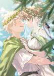  1boy 1girl blue_sky blush branch chiton closed_eyes cloud day face-to-face greek_clothes green_eyes hair_bun hair_ribbon hand_on_another&#039;s_chest highres hug laurel_crown light_brown_hair looking_at_another olive_branches original outdoors parted_lips peco_(ppeco0) ribbon single_hair_bun sky smile veil white_hair 