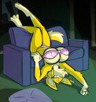  3_toes 4_fingers anthro aygee big_breasts breasts canid canine canis clothing domestic_dog feet female fingers fur furniture hi_res huge_breasts inside kammy_(aygee) mammal sofa solo toes underwear upside_down yellow_body yellow_fur 