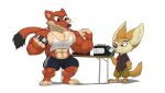  abs anthro biceps big_muscles canid canine clothing clothing_too_small disney duke_weaselton duo fennec finnick fox hi_res kheel male mammal muscular muscular_male mustelid musteline pecs shirt tank_top topwear true_musteline vein veiny_muscles weasel zootopia 