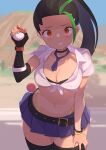  1girl adapted_costume belt black_belt black_bra black_choker black_gloves black_thighhighs blush bra bracelet breasts choker cleavage commentary_request day eyelashes freckles gloves green_hair hand_up highres holding holding_poke_ball jewelry looking_at_viewer multicolored_hair navel necktie nemona_(pokemon) orange_eyes outdoors pleated_skirt poke_ball poke_ball_(basic) pokemon pokemon_(game) pokemon_sv ponytail purple_necktie purple_skirt shirt short_necktie single_glove skirt smile solo spring2013 sweat thighhighs tied_shirt two-tone_hair underwear white_shirt 