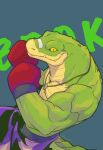  2023 alligator alligatorid anthro boxing_gloves boxing_shorts brok_(character) brok_the_investigator clothing crocodilian green_body handwear hi_res himasora male reptile scalie simple_background solo 