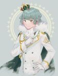  1boy adapted_costume aiguillette aqua_hair ascot blue_background blush buttons cape closed_mouth crown crown_print fur_scarf futaba_sana genderswap genderswap_(ftm) gloves green_cape green_eyes hand_on_hip hand_up jacket jewelry lapels long_hair magia_record:_mahou_shoujo_madoka_magica_gaiden mahou_shoujo_madoka_magica male_focus mini_crown necklace print_sleeves scarf short_hair sleeve_cuffs smile solo suit_jacket totte twitter_username upper_body wavy_hair white_ascot white_gloves white_jacket white_scarf 