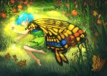  1girl animal antennae aqua_hair barefoot bug butterfly butterfly_wings closed_eyes colored_eyelashes dress eternity_larva fairy fetal_position flower grass green_dress highres leaf leaf_on_head lying multicolored_clothes multicolored_dress on_side orange_flower ritsuzou short_hair short_sleeves solo touhou wings 