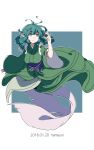  1girl ahoge artist_name blue_eyes blue_hair closed_mouth dated green_kimono head_fins highres holding japanese_clothes kimono long_sleeves mermaid monster_girl namauni obi one-hour_drawing_challenge sash short_hair solo touhou wakasagihime wide_sleeves 