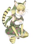  1girl animal_ears bare_shoulders breasts camouflage cat_ears cat_girl cat_tail cleavage elbow_gloves extra_ears fingerless_gloves gloves green_eyes grey_hair highres jungle_cat_(kemono_friends) kemono_friends kemono_friends_v_project kneehighs long_hair looking_at_viewer microphone ribbon scarf shirt simple_background skirt socks solo tail twintails virtual_youtuber y0whqzz8bkslezl 