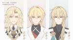  3boys :d bangs blonde_hair chinese_text closed_mouth coat green_eyes grin hair_between_eyes highres honkai:_star_rail honkai_(series) honkai_impact_3rd lapels long_hair long_sleeves looking_at_viewer luocha_(honkai:_star_rail) male_focus multiple_boys napppptt otto_apocalypse parted_lips simplified_chinese_text smile straight-on teeth trait_connection upper_body voice_actor_connection void_archives_(honkai_impact) white_coat 