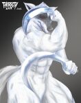  2022 abs absurd_res anthro back_muscles canid canine canis death_(puss_in_boots) dreamworks fur grey_body grey_fur hi_res male mammal muscular muscular_anthro muscular_arms muscular_male muscular_thighs nude puss_in_boots_(film) puss_in_boots_the_last_wish red_eyes sickle smile solo teeth thirstydraws weapon wolf 