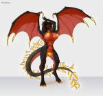  anthro big_breasts black_body breasts claws deodrac dragon dragon_wings female genitals hands_behind_head navel nipples nude pussy red_body simple_background solo standing wings yellow_claws yellow_eyes yellow_nipples yellow_pussy 