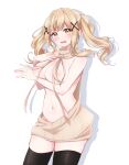  absurdres arm_under_breasts arm_up backwards_virgin_killer_sweater bang_dream! black_thighhighs blonde_hair blush breasts brown_sweater commentary_request embarrassed hair_ornament highres hip_bones ichigaya_arisa korean_commentary lalala_(bandori) large_breasts meme_attire navel open_mouth poppin&#039;party revealing_clothes shadow standing sweater thighhighs topless twintails upper_body virgin_killer_sweater wavy_mouth white_background wide_hips x_hair_ornament yellow_eyes zettai_ryouiki 