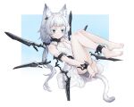  1girl absurdres animal_ear_fluff animal_ears arknights ass bare_legs bare_shoulders barefoot bestramos blue_background breasts cat_ears cat_girl cat_tail cleavage cleavage_cutout closed_mouth clothing_cutout colored_eyelashes dress feet full_body gradient_background green_eyes grey_hair highres legs legs_up long_hair looking_at_viewer official_alternate_costume rosmontis_(arknights) rosmontis_(become_anew)_(arknights) sleeveless sleeveless_dress small_breasts solo tail toenails toes very_long_hair white_background white_dress 