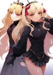  2girls bangs black_cape black_dress black_thighhighs blonde_hair breasts cape dark-skinned_female dark_skin dress dual_persona earrings ereshkigal_(fate) ereshkigal_alter_(fate) fate/grand_order fate_(series) fur-trimmed_cape fur_trim hair_ribbon highres hoop_earrings ichi_kq jewelry long_hair long_sleeves looking_at_viewer medium_breasts multiple_girls parted_bangs red_eyes ribbon smile thighhighs thighs tiara two_side_up 