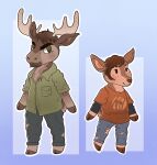  alternate_species animal_crossing anthro brown_body brown_fur clothed clothing crossover damaged_clothing deer duo ellie_(tlou) female fluffy fluffy_tail fur green_eyes hi_res horn joel_(tlou) knellbelles male mammal naughty_dog nintendo open_mouth simple_background smile sony_corporation sony_interactive_entertainment tail the_last_of_us 