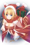  1girl 2022 arch_bishop_(ragnarok_online) bangs blonde_hair blue_eyes blush braid breasts christmas cleavage cleavage_cutout clothing_cutout commentary_request cross dress french_braid full_body gift hat highres holding holding_sack juliet_sleeves large_breasts long_hair long_sleeves looking_at_viewer merry_christmas open_mouth pelvic_curtain puffy_sleeves ragnarok_online red_dress red_headwear sack santa_hat smile solo thighhighs tomo-graphy two-tone_dress white_dress white_thighhighs wide_sleeves 